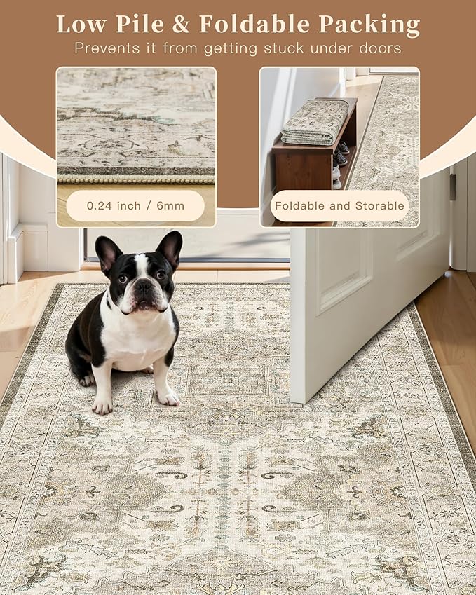 Madane Hallway Runner Rug 3x16 - Vintage Non Slip Washable 16ft Kitchen Runner for Entrance Soft Long Carpet Runners for Living Room Bathroom Low Pile Floor Mat for Bedroom Dining Room, Ivory/Brown