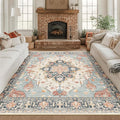 RELEANY Area Rugs Square 8ft Washable Non-Slip, Floral Vintage Distress Medallion Carpet for Living Room Bedroom Dining Room, Beige Navy Blue Orange Colorful