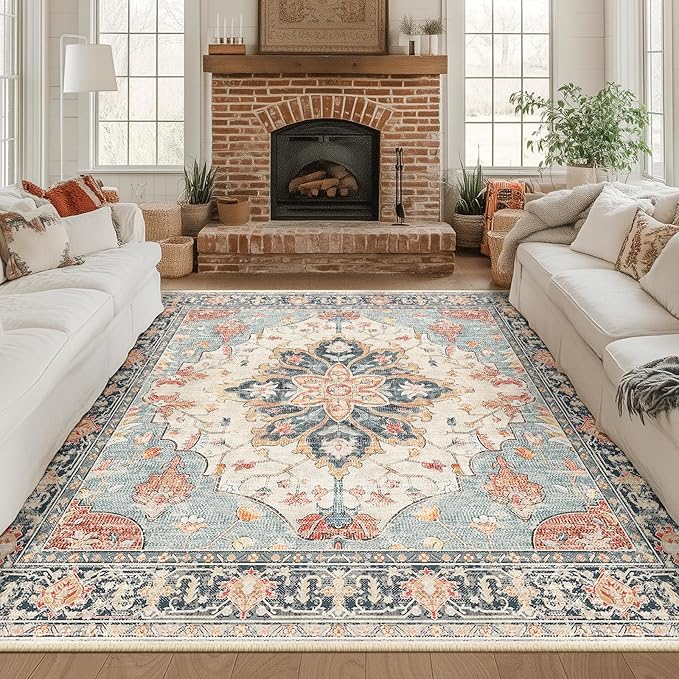 RELEANY Area Rugs Square 8ft Washable Non-Slip, Floral Vintage Distress Medallion Carpet for Living Room Bedroom Dining Room, Beige Navy Blue Orange Colorful