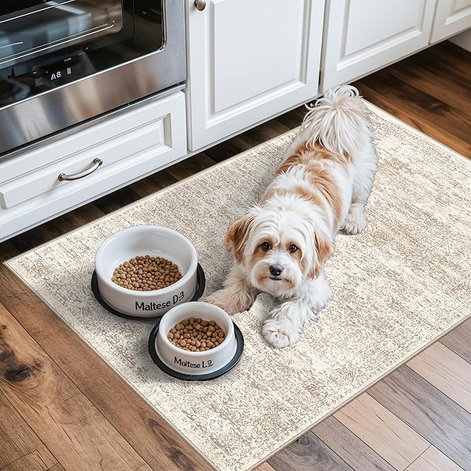 2x3 Feet Washable Entryway Rug, Non-Slip Small Kitchen Throw Mat for Sink, Soft Low-Pile Stain & Fade-Resistant Indoor Mat for Pet Area & Bathroom (Cream/Beige)