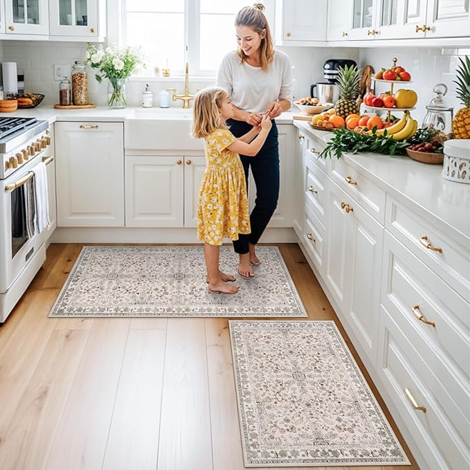 Kitchen Rugs Non-Slip Washable 2 Piece, Modern Boho Low Pile Stain-Resistant Floor Mats Set for Hardwood Floors, Soft Small Decorative Rugs (Beige, 2x3+2x4)