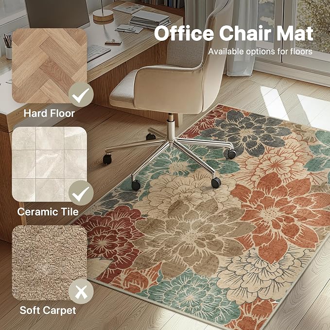 48"x60" Office Chair Mat for Hardwood Tile Floor, Under Desk Carpet Protector for Rolling Computer Chair Mat, Machine Washable Area Rug, Anti-Slip 1/5" Thick Low Pile Thin Vinyl Floor Mat, Terracotta