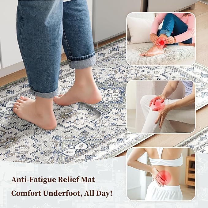 Boho Kitchen Mats for Floor 2 Piece Set Anti Fatigue Cushioned PVC Kitchen Rugs Non Slip Waterproof Farmhouse Mats 2/5 Inch Comfort Standing Mat for Sink, Laundry, 17.3"x59"+17.3"x28", Blue Grey