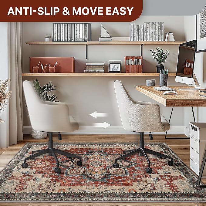 60"x60" Office Chair Mat for Hardwood Tile Floor, Under Desk Carpet Protector for Rolling Computer Chair Mat, Machine Washable Round Area Rug, Anti-Slip 1/5" Thick Low Pile Thin Floor Mat, Annatto