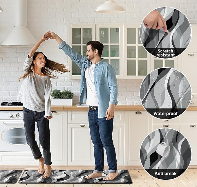 weesire Kitchen Mats for Floor Modern Abstract Kitchen Rugs Grey Stripe Anti Fatigue Kitchen Mats Waterproof Floor Mats Cushioned Non-Skid Standing Mats for Kitchen, Set of 2,17.3 x 28+17.3 x 47