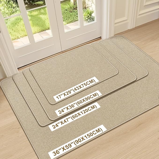 Ultra Thin Door Mat Indoor Entrance 24"x36", Low-Profile Indoor Door Mat, Non Slip Rubber Backing Welcome Entry Mat, Dirt Trapper Entryway Mat Inside Doormat, Khaki