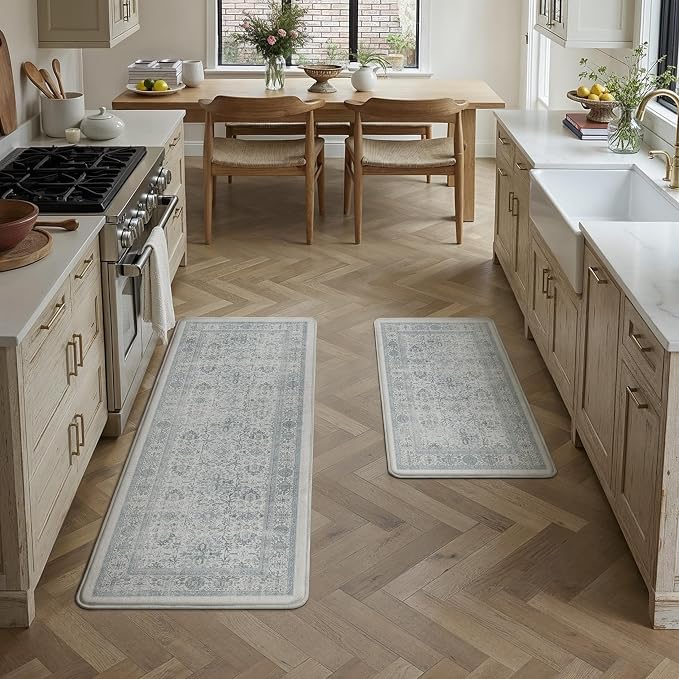 PureCozy Kitchen Mats 2PCS Anti Fatigue Cushioned Mat Blue Vintage Kitchen Mats for Floor Waterproof Non Slip Comfort Standing Distressed Rug for Sink Laundry Office 17.3"x47"+17.3"x30"