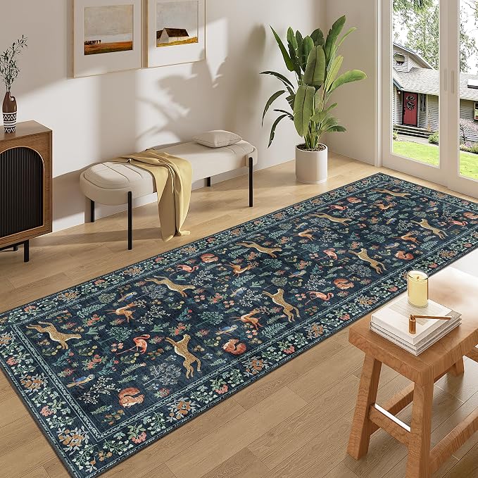 DUKINO 3x8 Washable Runner Rug, Low Pile Animal Print Non Slip Long Runner Rug for Kitchen, Lightweight & Non Shedding Indoor Carpet for Hallway, Kitchen, Entryway, Bathroom, Laundry, Navy Blue