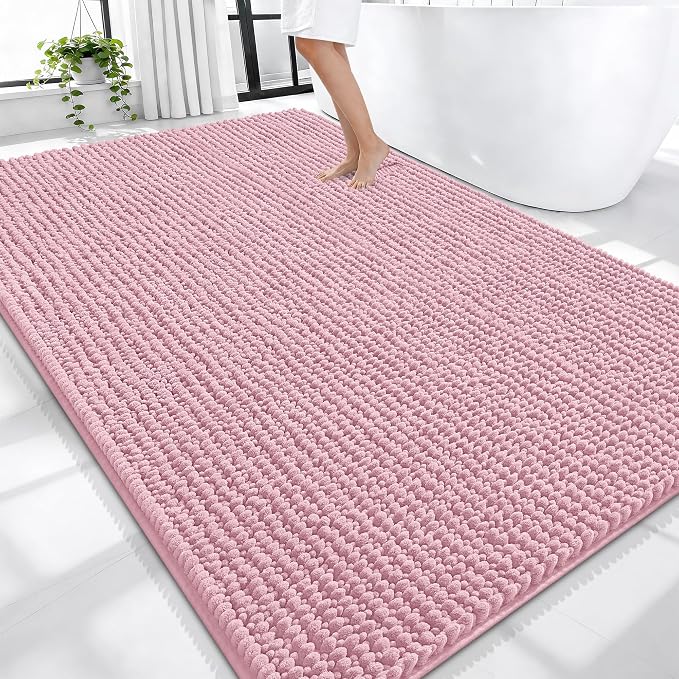 OLANLY Thick Large Bathroom Rugs 70x46, Extra Soft Absorbent Chenille Bath Rugs, Rubber Backing, Machine Wash Dry, Bath Mats for Bathroom Floor, Tub and Shower, Home Decor Accessories, Dusty Rose
