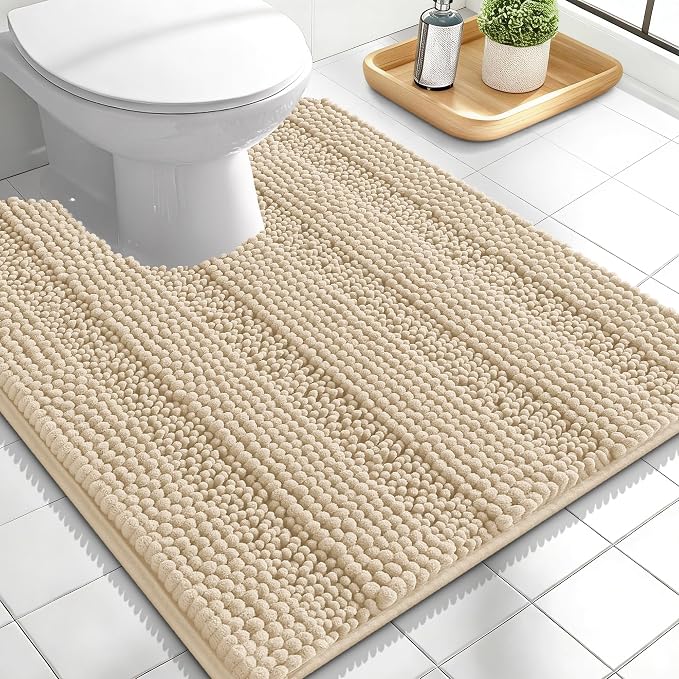 OLANLY Thick Toilet Rugs U-Shaped 24x20, Extra Soft Absorbent Chenille Striped Contour Bathroom Rugs for Toilet, Dry Quickly, Machine Washable, Non-Slip Bath Mat, Beige