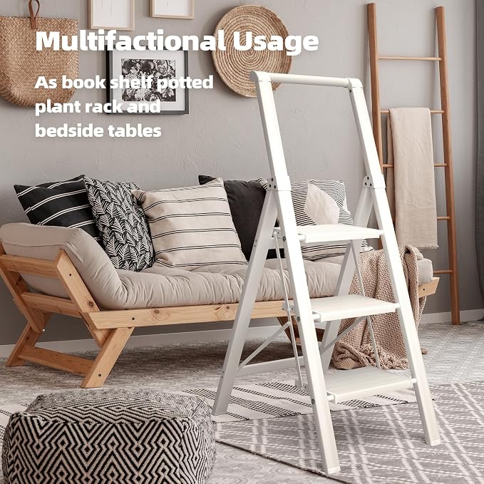 HillhutApex 3 Step Foldable Aluminum Step Ladder with Handgrip, Anti-Slip Pedal, 330 lbs Capacity, Lightweight & Portable for Home, Kitchen, Office, Garage (White)