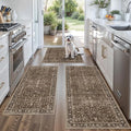Washable Non-Skid 3 Piece Kitchen Rugs Set – Modern Boho Floral Low-Pile Area Rugs and Runner for Entryway, Bathroom, Hallway – Decorative Small Indoor Rugs (Brown, 2x3+2x4+2x5)
