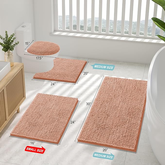 Smiry Luxury Chenille Bathroom Rugs 24x16, Extra Soft and Absorbent Shaggy Bath Mat, Machine Washable, Non-Slip Plush Carpet Runner for Tub, Shower, and Floor, Home Decor Accessories, Peach