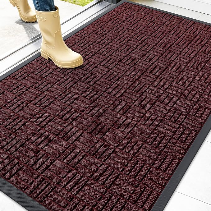 OLANLY Front Door Mat Outside Entrance 47x32, Absorbent, Heavy Duty Sturdy Natural Rubber Doormat Indoor Outdoor, Non-Slip, Stain and Fade Resistant, Low Profile Floor Mat for Entryway, Burgundy