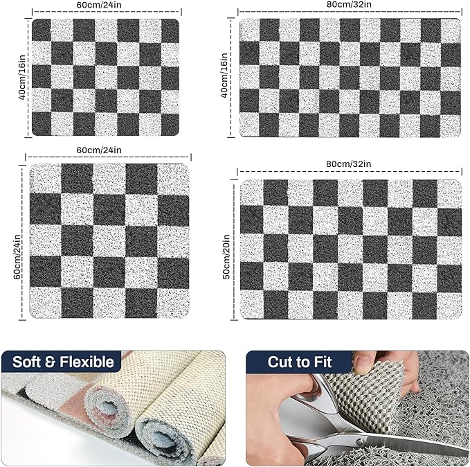 Square Loofah Shower Stall Mat 24"x24", Quick Drying Shower Mats with Drain, PVC Loofah Bath Mat for Wet Room & Bathroom Floor, Soft Textured & Elderly Safe, Washable & Resistant, Black Checkered