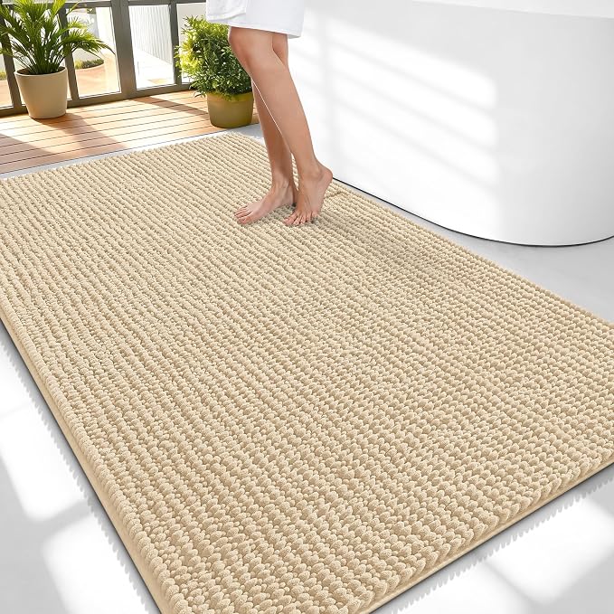 OLANLY Thick Large Bathroom Rugs 59x35, Extra Soft Absorbent Chenille Bath Rugs, Rubber Backing, Machine Wash Dry, Bath Mats for Bathroom Floor, Tub and Shower, Home Decor Accessories, Beige