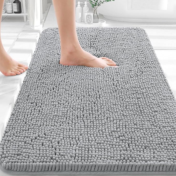 OLANLY Bathroom Rugs 32x20, Extra Soft Absorbent Chenille Bath Rugs, Rubber Backing Quick Dry, Machine Washable Bath Mats for Bathroom Floor, Tub and Shower, Home Decor Accessories, Light Grey