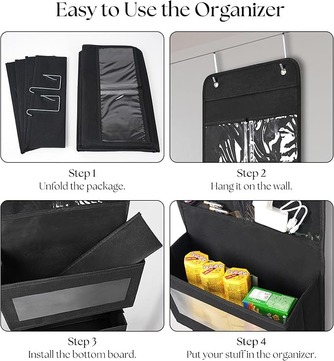 Giraffe Creation Black Over Door Organizer with 4 Large Clear Pockets, Hanging Door Storage for Closet, Bathroom, Bedroom, Dorm, Nursery, Toys, Toiletries, Cosmetics