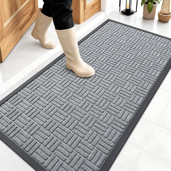OLANLY Front Door Mat Outside Entrance 47x23, Absorbent, Heavy Duty Sturdy Natural Rubber Doormat Indoor Outdoor, Non-Slip, Stain and Fade Resistant, Low Profile Floor Mat for Entryway, Charcoal Gray