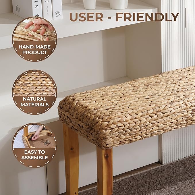 Solid Wood Acacia Indoor Bench with Natural Woven Seat, 47 Inch Wood Bench for Living Room or Entryway Bench, Bedroom End of Bed Bench or Dining Benches, Window Bench (Fishbone, Water Hyacinth)