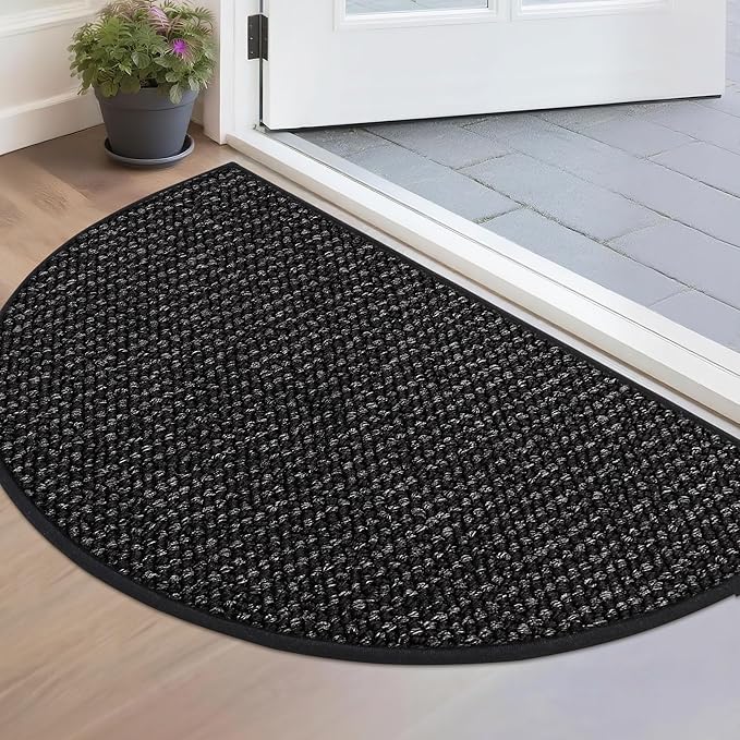 BEQHAUSE Dirt Trapper Door Mat 17" x 30" Half Circle Non Slip Washable Doormats Entrance Rugs Absorbent Welcome Low Profile Floor Mats for Front Back Door and Entryway, Black