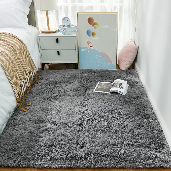 Ophanie Area Rugs for Living Room Bedroom, Washable Non-Slip Fluffy Soft Grey Shag Carpet, Indoor Floor Gray 4x6 Fuzzy Shaggy Living Room Plush Rug for Kids Home Dorm Decor Aesthetic