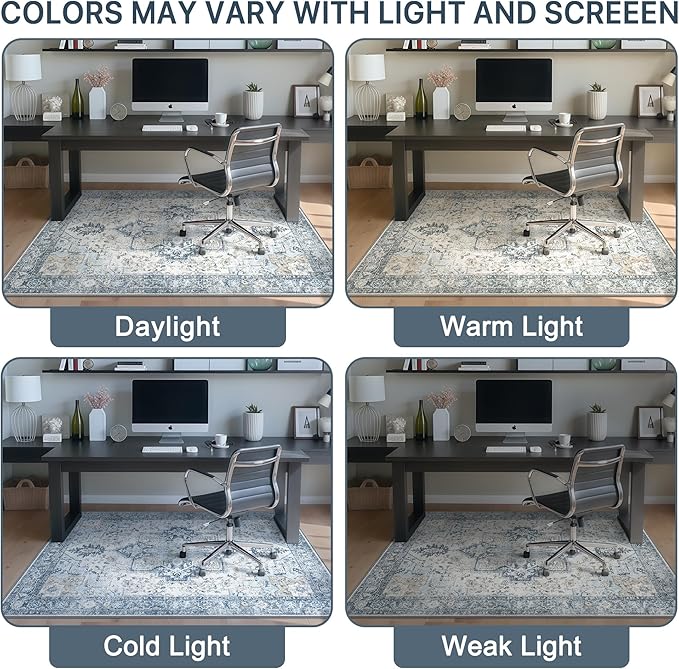 48"x72" Office Chair Mat for Hardwood Tile Floor, Under Desk Carpet Protector for Rolling Computer Chair Mat, Machine Washable Area Rug, Anti-Slip 1/5" Thick Low Pile Thin Vinyl Floor Mat, Blue