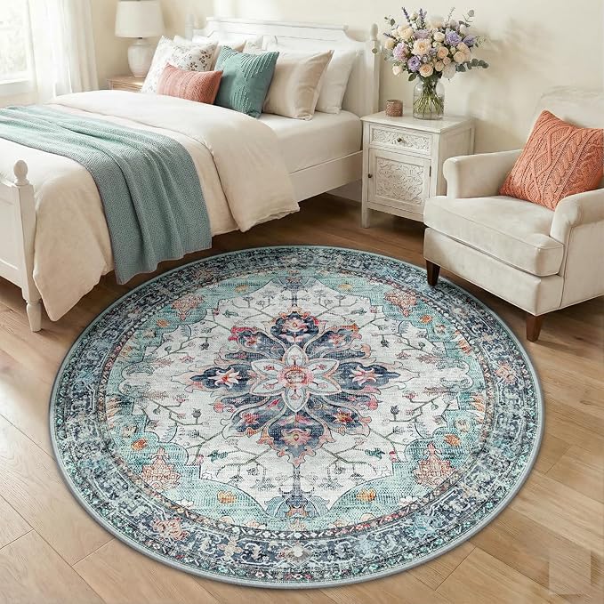 RELEANY Area Rugs Round 5ft Washable Non-Slip, Floral Vintage Distress Medallion Carpet for Living Room Bedroom Dining Room, Green Navy Blue White Red Teal