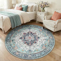 RELEANY Area Rugs Round 5ft Washable Non-Slip, Floral Vintage Distress Medallion Carpet for Living Room Bedroom Dining Room, Green Navy Blue White Red Teal