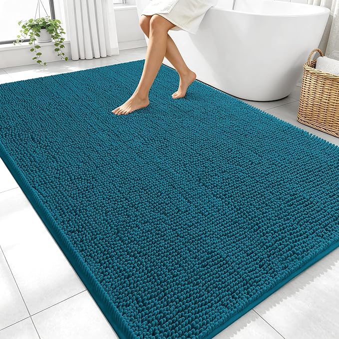 OLANLY Large Bathroom Rugs 70x46, Extra Soft Absorbent Chenille Bath Rugs, Rubber Backing Quick Dry, Machine Washable Bath Mats for Bathroom Floor, Tub and Shower, Home Decor Accessories, Peacock Blue
