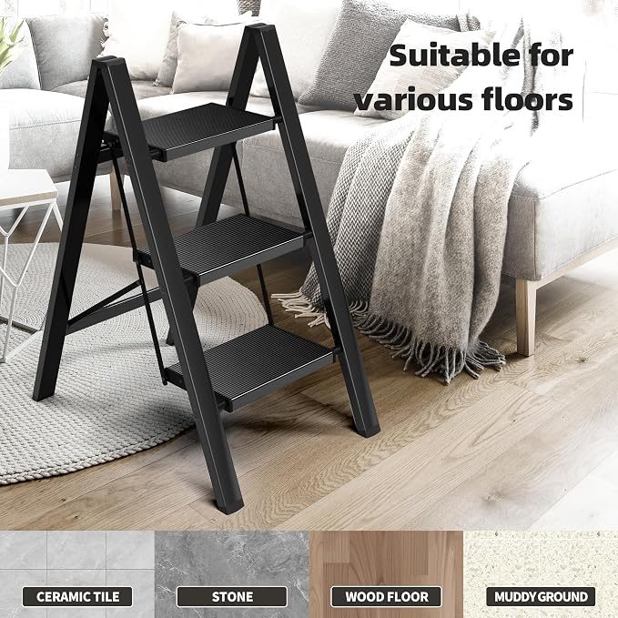HillhutApex 3 Step Ladder, Lightweight Portable 3 Step Stool with Anti-Slip Wide Pedal, 330lbs Capacity Aluminum Ladder for Household,Office,Kitchen(Black)