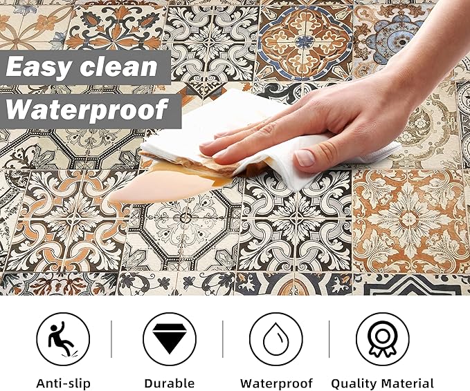 Boho Kitchen Rugs Set 2 Memory Foam Colorful Ceramic Comfort Tile Floor Mat Anti Fatigue Non-Skid PVC Runner Rug Water & Oil Proof Carpet for Kitchen Laundry Sink,17.3x28+17.3x47 Inch, C3