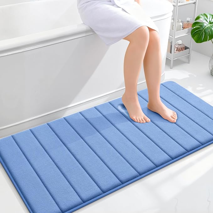 OLANLY Memory Foam Long Bathroom Rugs Runner 47x24, Super Soft Absorbent Bath Mat, Quick Dry, Machine Washable Shower Rugs, Bathmat Carpet, Bathroom Home Decor Accessories, Cornflower Blue