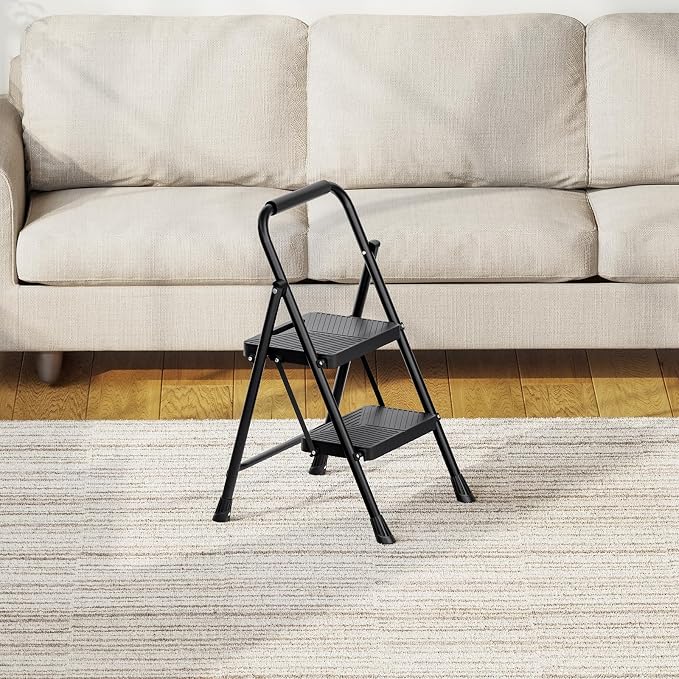Urackify 2 Step Ladder, Folding Ladder for Multi-Purpose, Home, Kitchen, Heavy Sturdy Steel Portable Step Stool with Handrail, Safe-Lock Design, Anti-Slip Wide Pedals, Pass 500lbs Load Testing, Black