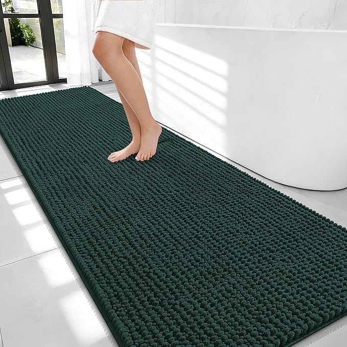 OLANLY Thick Bathroom Runner Rugs 70x24, Extra Soft Absorbent Chenille Bath Rugs, Rubber Backing, Machine Wash Dry, Long Bath Mats for Bathroom, Tub and Shower, Home Decor Accessories, Blackish Green