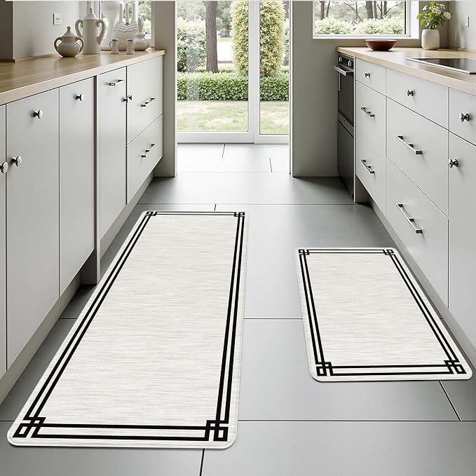 Cream Retro Elegance Frame Textured Kitchen Rug Sets [2 PCs], Anti-Fatigue, Waterproof Non-Slip Kitchen Mats Heavy Duty Comfort Foam Rug for Kitchen, Floor, Laundry,17"x29"+17"x47"