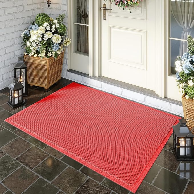 Front Door Mat 31''x47'', Drainage Heavy Duty Dirt Trapping Non-Slip Doormats, Outdoor Rubber Floor Mats, Restaurant Commercial Kitchen Industral Pool Entrance Bar Wet Area, Red