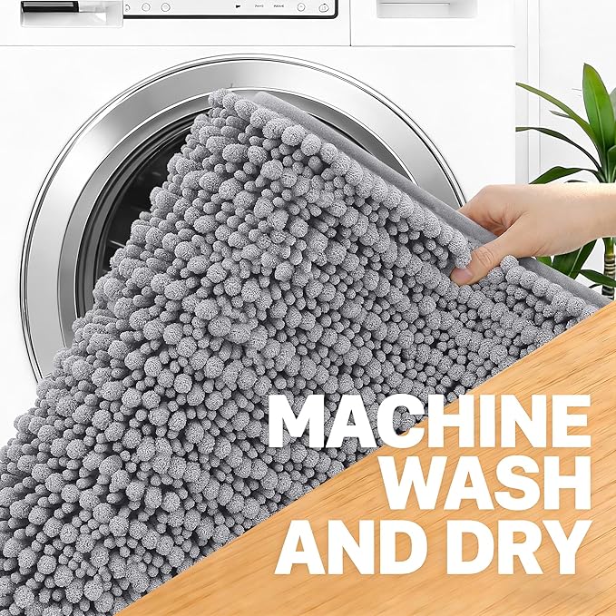OLANLY Bathroom Rug Mat 24x16, Thick Soft and Absorbent Chenille Bath Mat, Non-Slip Rubber Backing, Machine Washable Quick Dry Bath Rugs for Tub Shower Floor, Home Decor Accessories, Grey