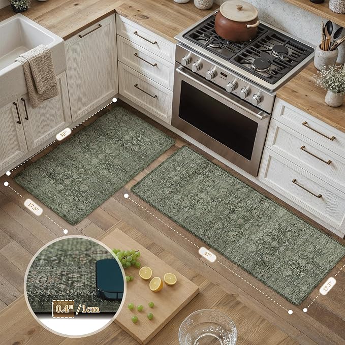 PureCozy Kitchen Mats 2PCS Anti Fatigue Cushioned Mat Green Vintage Kitchen Mats for Floor Waterproof Non Slip Comfort Standing Distressed Rug for Sink Laundry Office 17.3"x47"+17.3"x30"