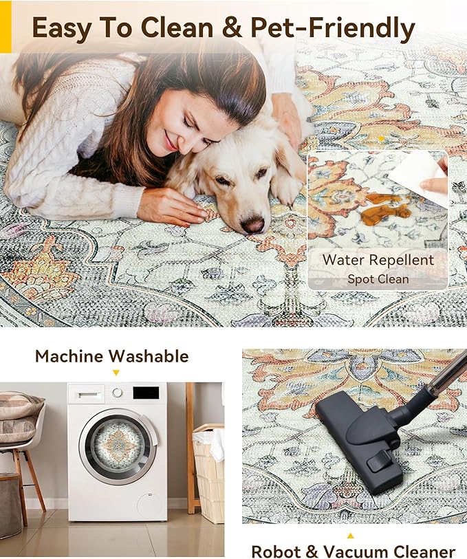 RELEANY Area Rugs Round 6ft Washable Non-Slip, Floral Vintage Distress Medallion Carpet for Living Room Bedroom Dining Room, Beige Carbon Grey Orange