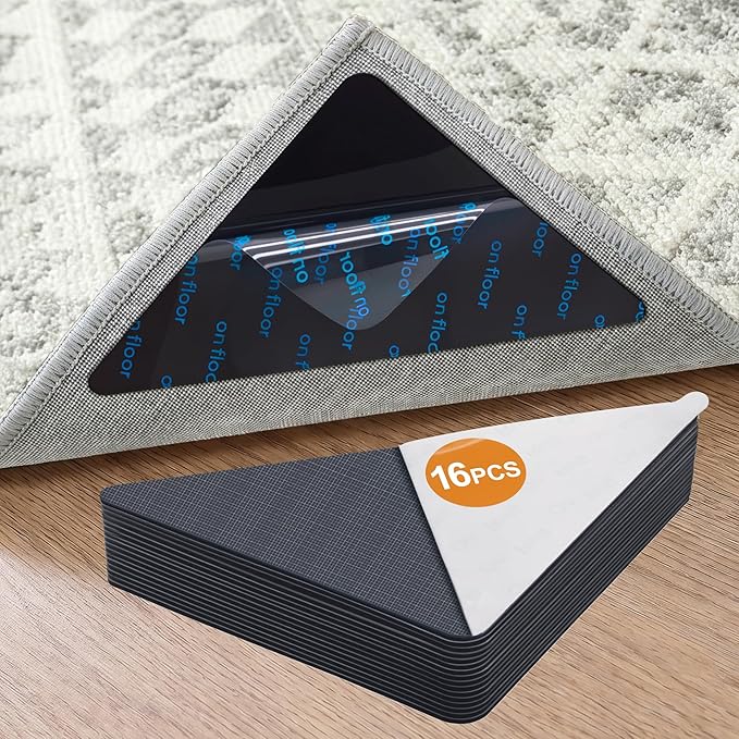 16 Pcs Rug Tape,Anti Slip Rug Pads Grippers for Hardwood Floors and Tiles,with Strong Adhesive Grid Backing-No Residue,Reusable Carpet Tape, Double-Sided Adhesive Rug Stickers