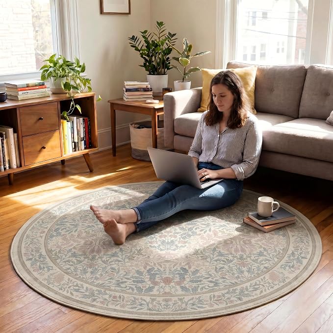 60"x60" Office Chair Mat for Hardwood Tile Floor, Under Desk Carpet Protector for Rolling Computer Chair Mat, Machine Washable Round Area Rug, Anti-Slip 1/5" Thick Low Pile Thin Floor Mat, Beige Pink