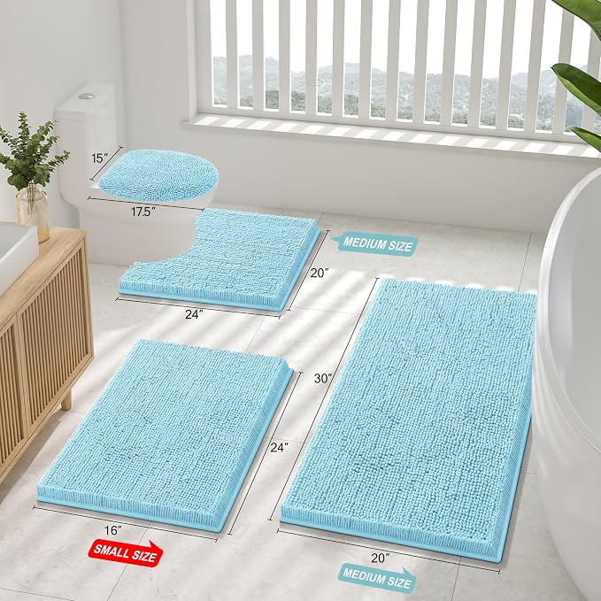 Smiry Luxury Chenille Bathroom Rugs 36x24, Extra Soft and Absorbent Shaggy Bath Mat, Machine Washable, Non-Slip Plush Carpet Runner for Tub, Shower, and Floor, Home Decor Accessories, Sky Blue