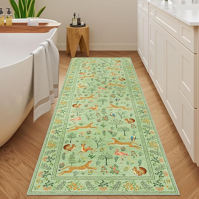 DUKINO 2x10 Rug for Hallway, Washable Kitchen Runner Rug with Non Slip Backing, Soft Low Pile Vintage Animal Runner for Bedroom, Kitchen, Hallway, Entryway, Laundry, Light Green