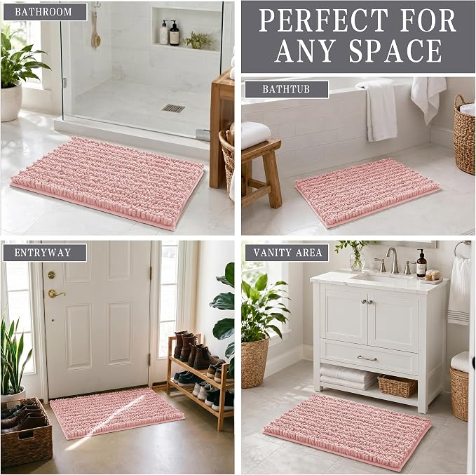 Yimobra Bathroom Rugs Non Slip Washable - Ultra Soft Absorbent Chenille Bath Mat, Quick Dry Shaggy Floor Carpet for Tub Shower, Light Pink Home Decor Accessories, 24x17 Inch