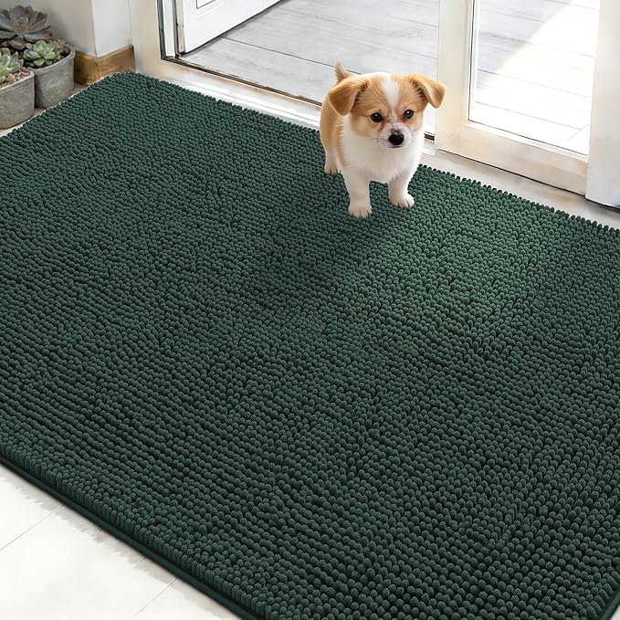 OLANLY Dog Door Mat for Muddy Paws 50x30, Absorbs Moisture and Dirt, Absorbent Non-Slip Washable Doormat, Quick Dry Chenille Mud Mat, Entry Indoor Entryway Carpet for Inside Floor, Blackish Green