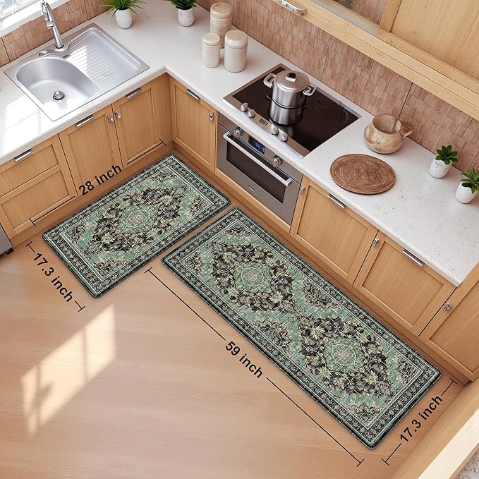 Boho Kitchen Mats for Floor 2 Piece Set Anti Fatigue Cushioned PVC Kitchen Rugs Non Slip Waterproof Farmhouse Mats 2/5 Inch Comfort Standing Mat for Sink, Laundry, 17.3"x59"+17.3"x28", Black Green