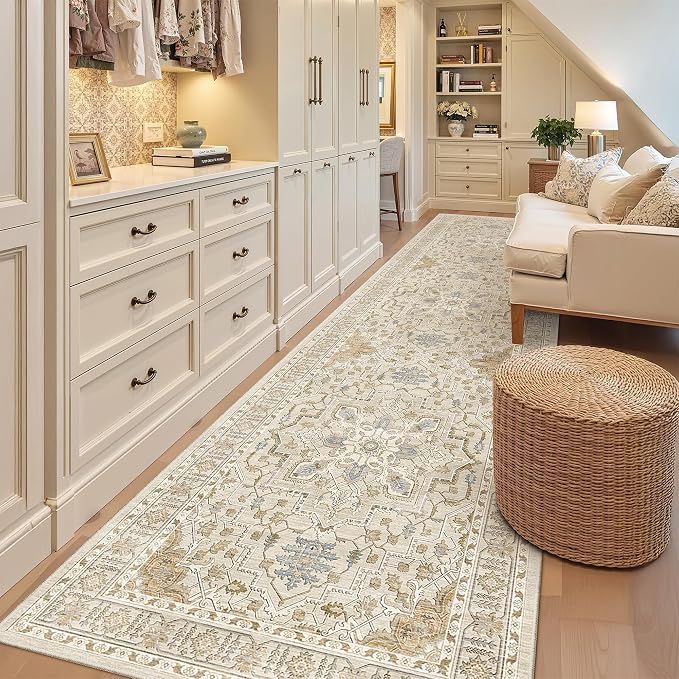 Madane 3x12 Hallway Runner Rug, Non Slip Washable 12ft Runner for Hallways Soft Vintage Kitchen Rugs Low-Pile Thin Floor Carpet Runner for Entryway Bathroom Bedroom, Beige/Blue