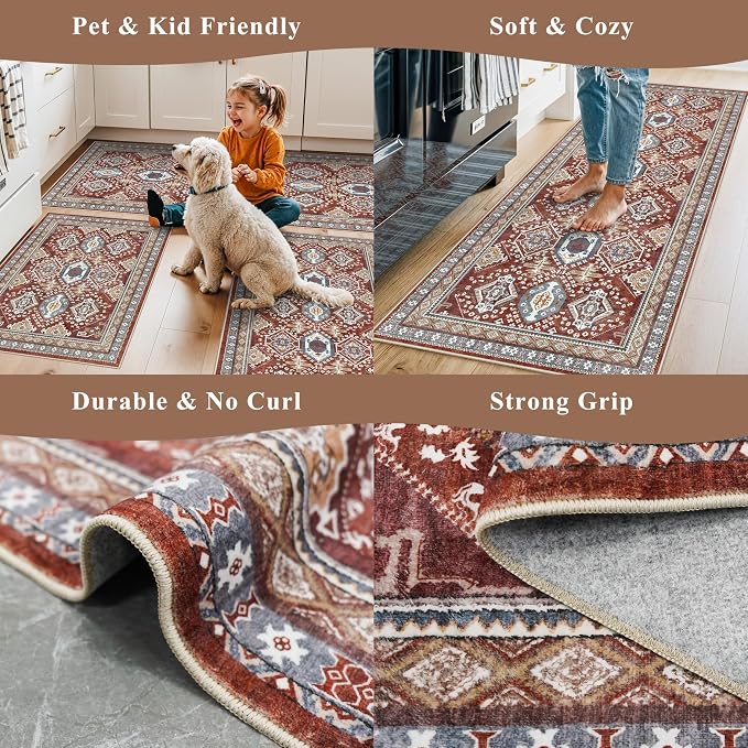 Washable Non-Slip Kitchen Rugs Set of 3 – Boho Soft Mats and Runner for Bathroom, Entryway, Hallway Room – Stain-Resistant Low-Pile Indoor Carpet (Red, 2x3+2x4+2x5)
