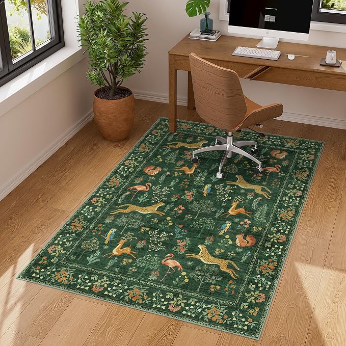 DUKINO 3x4 Washable Entryway Rug, Vintage Animal Ultra Soft Kitchen Area Rug with Non Slip Backing, Low Pile & Stain Resistant Indoor Door Mat for Bathroom, Bedroom, Laundry Room, Office, Green